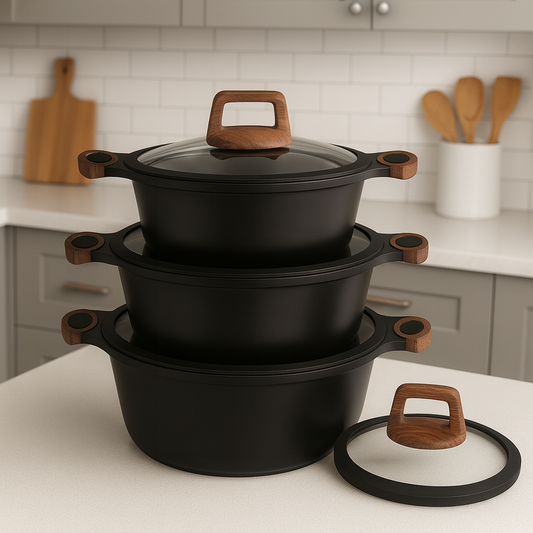 Set Premium de Ollas Redondas 6 Piezas Antiadherentes con Tapas de Vidrio