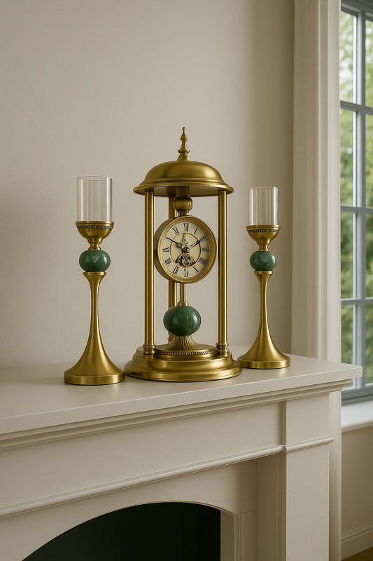 Reloj de Mesa con Soporte y 2 Candelabros en Color Dorado - ALTOQUE