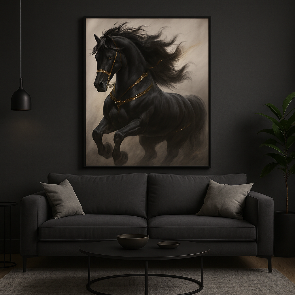 Cuadro Decorativo Caballo Negro con Detalles Dorados