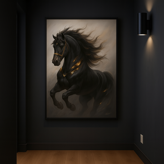 Cuadro Decorativo Caballo Negro con Detalles Dorados