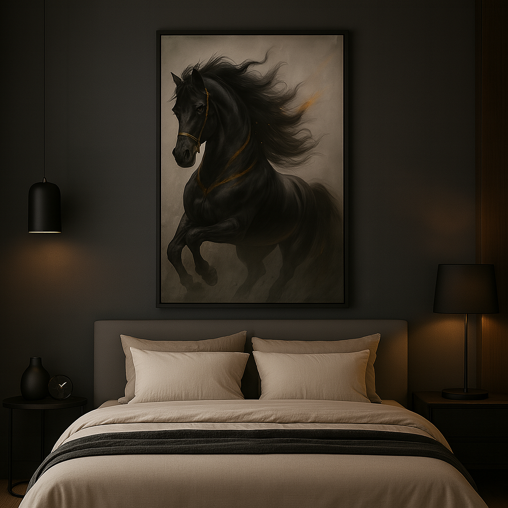 Cuadro Decorativo Caballo Negro con Detalles Dorados