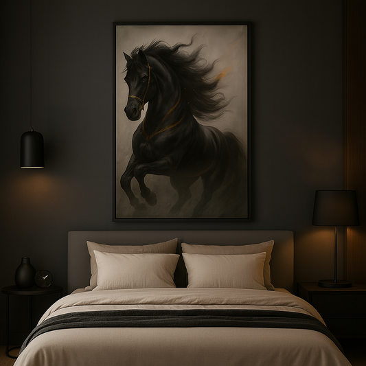 Cuadro Decorativo Caballo Negro con Detalles Dorados