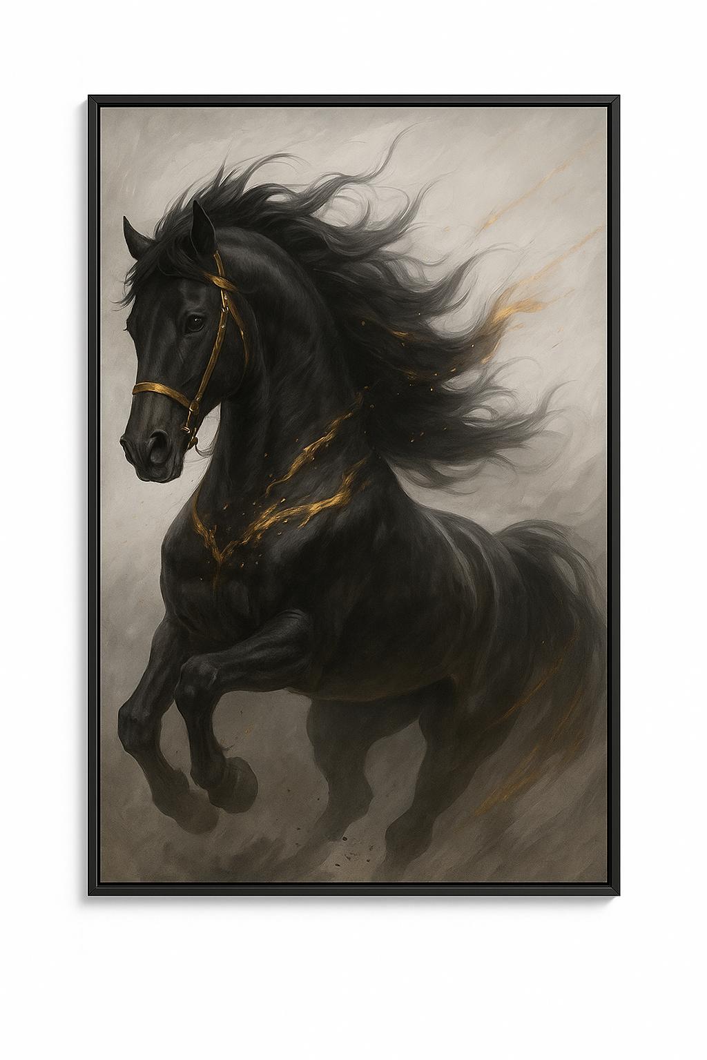 Cuadro Decorativo Caballo Negro con Detalles Dorados