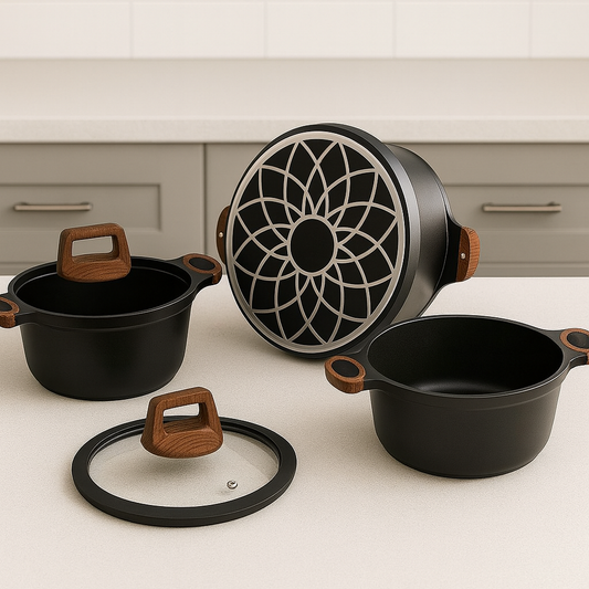 Set Premium de Ollas Redondas 6 Piezas Antiadherentes con Tapas de Vidrio