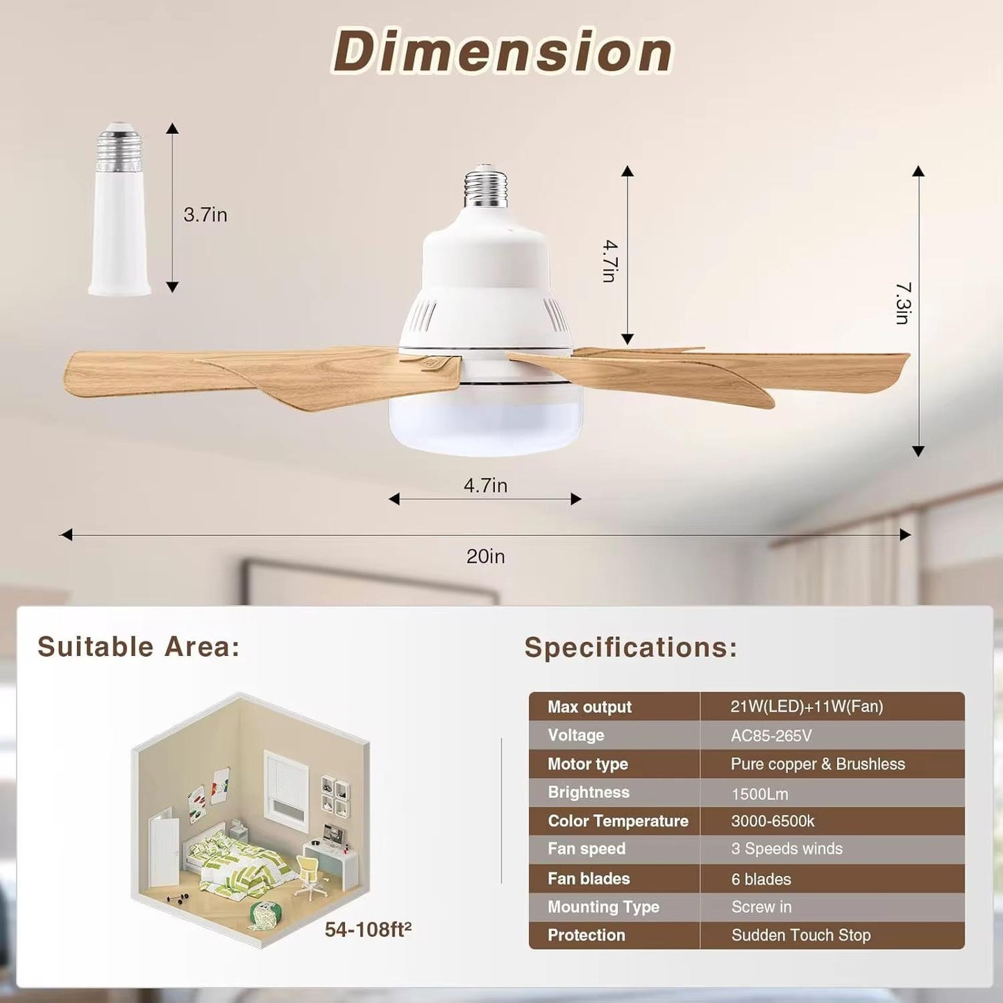 Foco Ventilador Smart LED Con Hélices De Madera+ Control Remoto