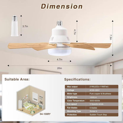 Foco Ventilador Smart LED Con Hélices De Madera+ Control Remoto