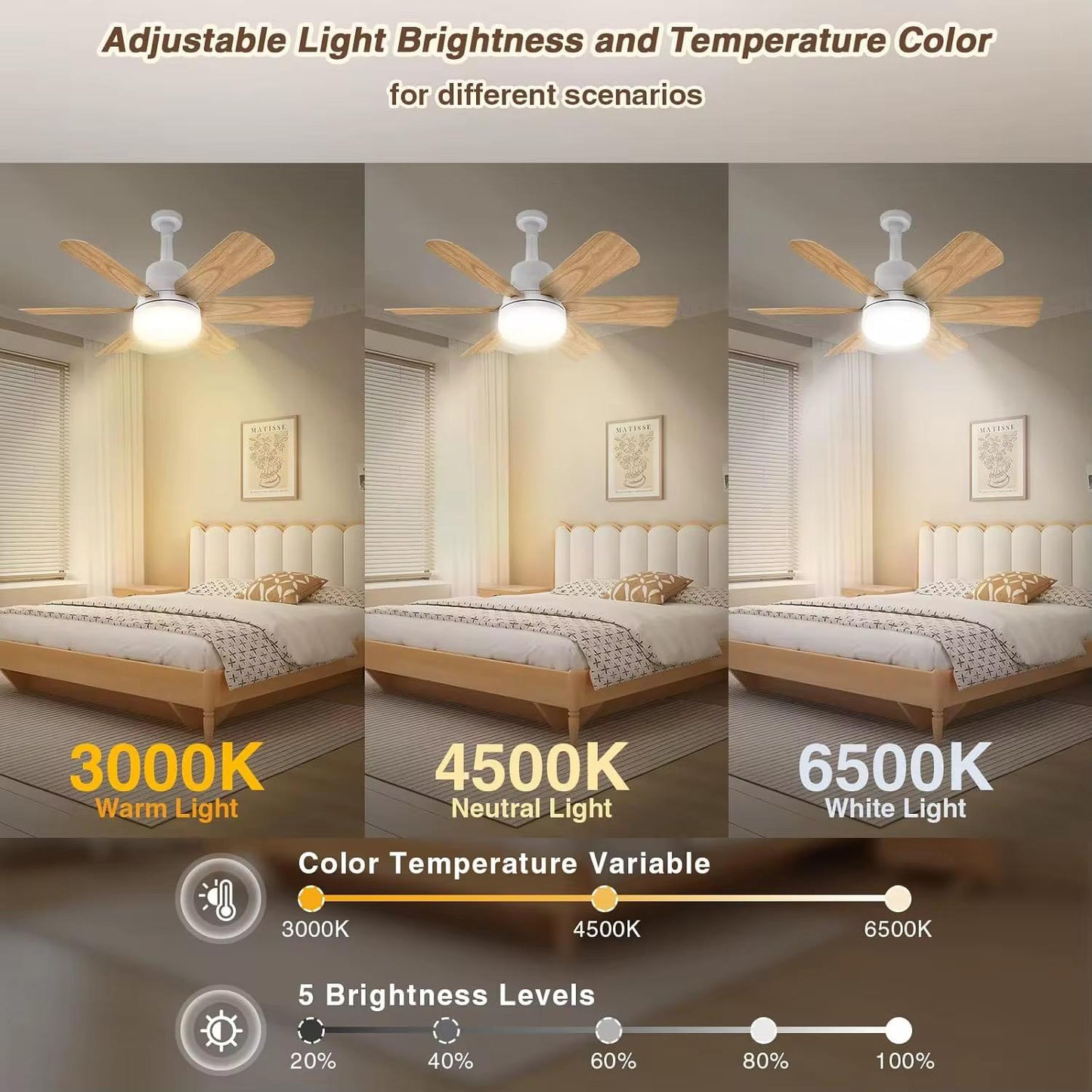 Foco Ventilador Smart LED Con Hélices De Madera+ Control Remoto
