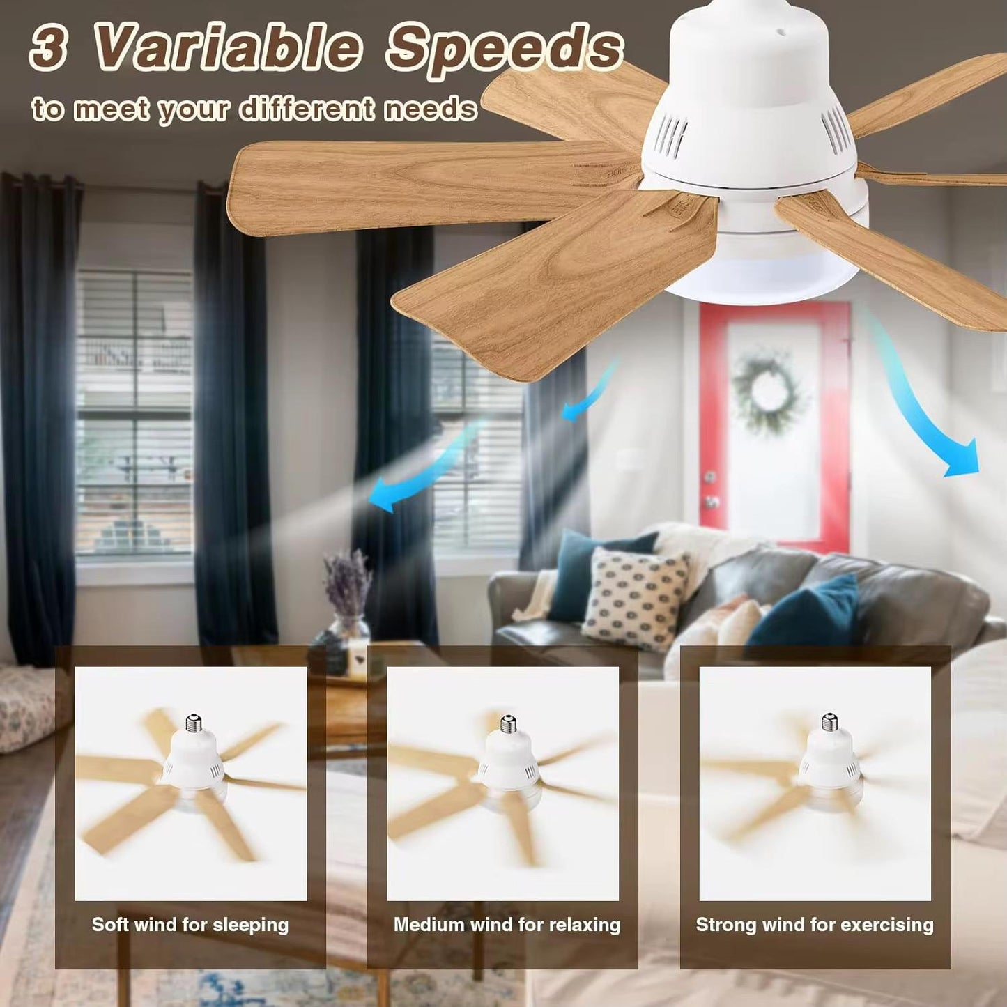 Foco Ventilador Smart LED Con Hélices De Madera+ Control Remoto